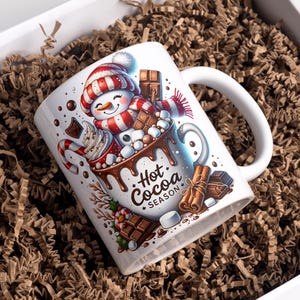 Hete cacao seizoen mok wrap 11oz en 15oz kerst koffiemok PNG kerst mok wrap sneeuwpop mok wrap sublimatie ontwerp digitale download