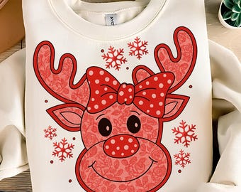 Christmas Reindeer PNG T-Shirt Design Clipart Reindeer Face PNG Pink Christmas PNG Christmas Bow Png Trendy Christmas Png Digital Download
