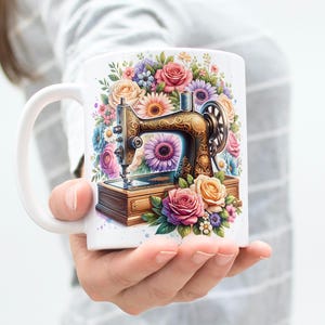 Sewing Machine Mug Wrap 11 oz & 15 oz Coffee Mug PNG 3D Mug Wrap Floral Mug Wrap Flower Mug Wrap Sublimation Designs Digital Download