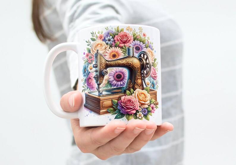 Sewing Machine Mug Wrap 11 oz & 15 oz Coffee Mug PNG 3D Mug Wrap Floral Mug Wrap Flower Mug Wrap Sublimation Designs Digital Download