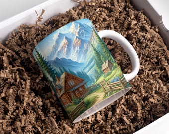 Forest Cabin mokomslag 11 oz en 15 oz koffiemok PNG berg mokomslag natuur mokomslag camping mokomslag sublimatie ontwerpen digitale download