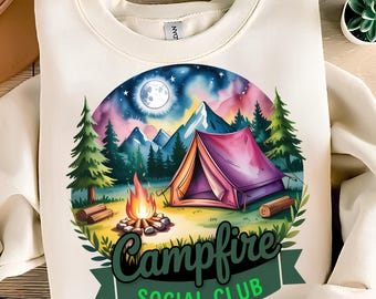 Projekt koszulki Campfire Social Club PNG Ognisko PNG Kemping PNG Przygoda PNG Kamper PNG Wędrówki PNG Wzory sublimacji Pobieranie cyfrowe