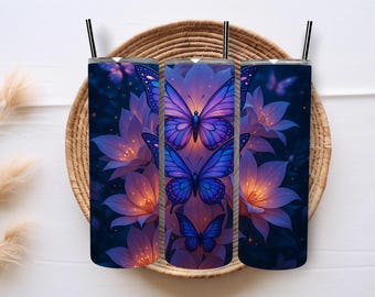 Blue Butterfly Tumbler Wrap 20 oz Skinny Tumbler Wrap Flower Tumbler Wrap Floral Tumbler Wrap Sublimation Designs Digital Download