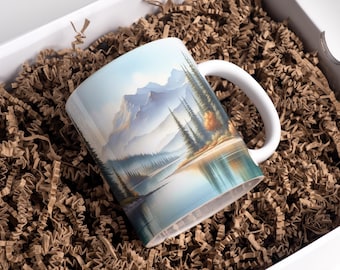 Watercolor River Landscape Mug Wrap 11oz & 15oz Coffee Mug PNG 3D Mountain Mug Wrap Sublimation Designs Digital Download
