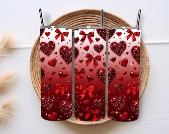 Envoltorio brillante para vaso de San Valentín de 20 oz, delgado, con corazones, lazos de amor, diseños de sublimación, descarga digital