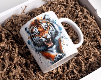 3D Tiger Mug Wrap, 11oz & 15oz Coffee Mug PNG, 3D Mug Wrap, Animal Mug Wrap, Watercolor Tiger Mug, Sublimation Designs, Digital Download