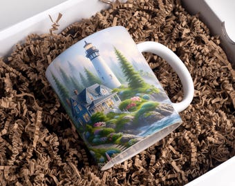 Lighthouse Mug Wrap 11oz & 15oz Coffee Mug PNG Forest Cabin Mug Wrap Sublimation Designs Digital Download