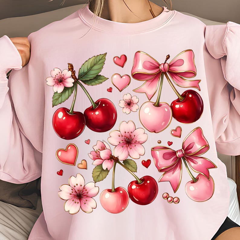 Boho Coquette Cherry PNG T-Shirt Design Floral Bow PNG Sublimation Designs Digital Download