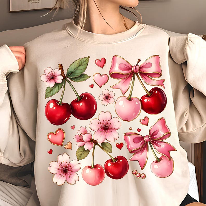 Boho Coquette Cherry PNG T-Shirt Design Floral Bow PNG Sublimation Designs Digital Download