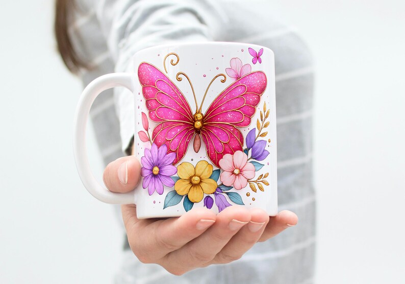 Pink Butterfly Mug Wrap 11oz & 15oz Coffee Mug PNG Butterfly Cup Wrap Butterfly Coffee Mug Floral Mug Sublimation Designs Digital Download