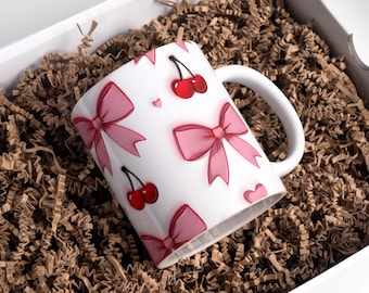 Cherry Coquette Bow Mug Wrap 11oz & 15oz Kaffeetasse PNG 3D Mug Wrap Sublimation Designs Digitaler Download