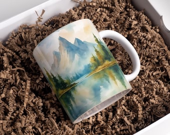Aquarel berg mok wrap 11oz & 15oz koffiemok PNG berglandschap natuur mok wrap avontuur mok sublimatie ontwerp digitale download