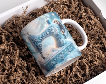 Winter Sewing Machine Mug Wrap 11oz & 15oz Coffee Mug PNG Winter Mug Wrap Embroidery Mug Wrap Sublimation Designs Digital Download