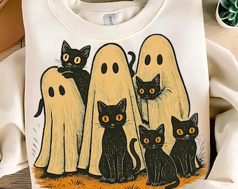 Retro Halloween-spook en kat T-shirtontwerp png Trendy spook PNG Halloween-shirt png Trendy Halloween png-sublimatie ontwerp digitale download