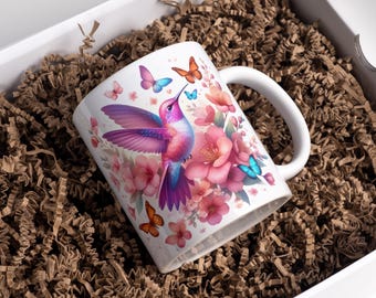 3D Hummingbird Mug Wrap 11oz & 15oz Coffee Mug PNG 3D Floral Butterfly Mug Wrap Sublimation Designs Digital Download