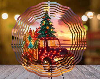 May include: A decorative Christmas ornament featuring a red vintage truck carrying a Christmas tree and smaller trees. The ornament has a wavy, layered design with a sunset backdrop and is lit with warm lights.