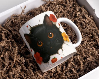 Kitten Mug Wrap 11oz & 15oz Coffee Mug PNG 3D Mug Wrap Black Cat Mug Cute Cat Hole In A Wall Sublimation Sublimation Design Digital Download