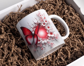 Butterfly Mug Wrap 11oz & 15oz Coffee Mug PNG Floral Mug Wrap 3D Hole In A Wall Mug Wrap Flower Mug Wrap Sublimation Design Digital Download