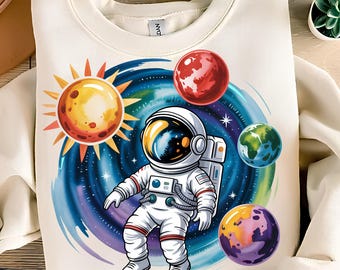 Astronauta PNG, projekt koszulki, clipart astronauty, kosmos PNG, planety PNG, galaktyka PNG, układ słoneczny PNG, wzory sublimacji, pobieranie cyfrowe
