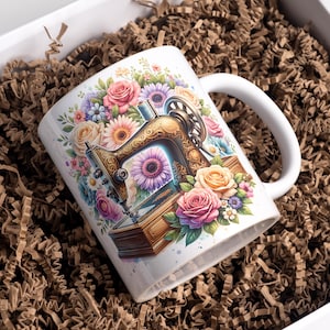 Sewing Machine Mug Wrap 11 oz & 15 oz Coffee Mug PNG 3D Mug Wrap Floral Mug Wrap Flower Mug Wrap Sublimation Designs Digital Download
