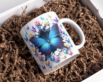Envoltura para taza con diseño de mariposa de 11 oz y 15 oz, taza de café PNG, envoltura para taza 3D con agujero en la pared, envoltura para taza con diseño floral, diseños de sublimación, descarga digital