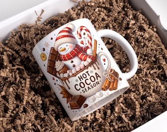 Hot Cocoa Season Mug Wrap, 11oz & 15oz Christmas Coffee Mug PNG, 3D Christmas Mug Wrap,Snowman Mug Wrap,Sublimation Designs,Digital Download