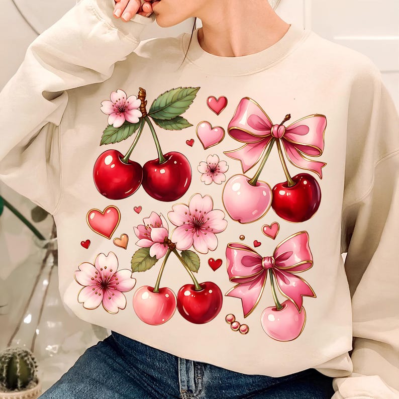 Boho Coquette Cherry PNG T-Shirt Design Floral Bow PNG Sublimation Designs Digital Download