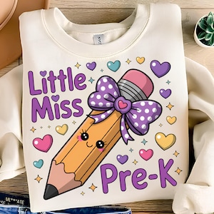 Little Miss Pre-K PNG T-Shirt Design Kids Png Pre-Kindergarten Png Prek Png Pencil Coquette Bow Png Sublimation Designs Digital Download