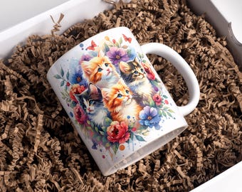 Watercolor Kittens Mug Wrap 11oz & 15oz Cat Coffee Mug PNG Floral Cat Lover Mug Wrap Cat Dad Mug Wrap Sublimation Designs Digital Download
