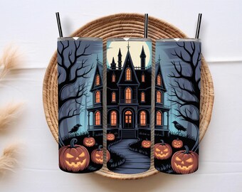 Envoltura para vaso de Halloween de 20 oz, envoltura delgada para vaso, vaso de casa embrujada, vaso de mansión embrujada de calabaza, diseño de sublimación, descarga digital