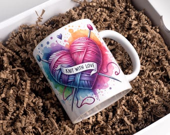 Knit With Love Mug Wrap, 11 oz & 15 oz Coffee Mug PNG, Knitting Mug Wrap, 3D Mug Wrap, Crochet Mug Wrap,Sublimation Designs,Digital Download