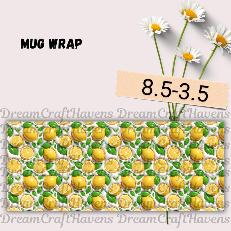 Inflated Lemon Mug Wrap, Summer Mug Wrap, Fruit Mug Wrap,  11oz & 15oz Coffee Mug PNG, Digital Download
