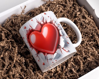 Red Heart Mug Wrap 11 oz & 15 oz Coffee Mug PNG Valentine's Day Mug Wrap 3D Hole In A Wall Mug Wrap Sublimation Designs Digital Download