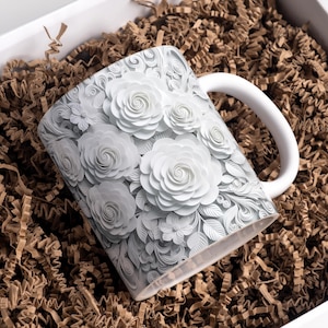 White Flowers Mug Wrap 11oz & 15oz Coffee Mug PNG 3D Mug Wrap Paper Flower Mug Wrap PNG Floral Mug Wrap Sublimation Designs Digital Download