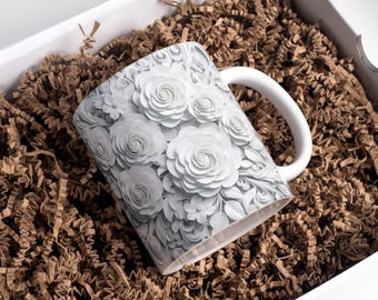 White Flowers Mug Wrap 11oz & 15oz Coffee Mug PNG 3D Mug Wrap Paper Flower Mug Wrap PNG Floral Mug Wrap Sublimation Designs Digital Download