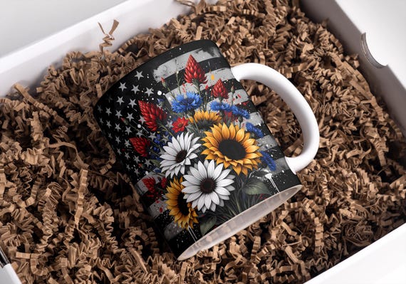 USA Mug Wrap, 4th Of July Mug, America Mug Wrap, American Flag Sunflower Mug Wrap, 11oz & 15oz Coffee Mug PNG, Digital Download