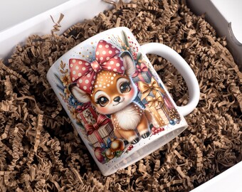 Rosa Weihnachtsbecher Wrap 11 oz & 15 oz Kaffeebecher PNG Rentierbecher Wrap Weihnachtstasse Wrap 3D Weihnachtsbecher Png Sublimation Digitaler Download