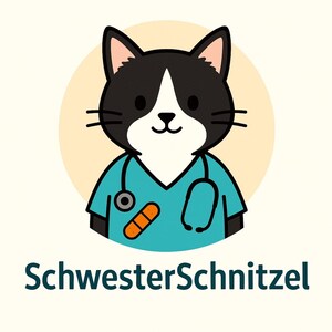 May include: A cartoon illustration of a black and white cat wearing a teal medical uniform and stethoscope. The cat is set against a light yellow circle. The text "SchwesterSchnitzel" is below the cat.