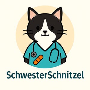 Puede incluir: Ilustración de dibujos animados de un gato blanco y negro con uniforme médico turquesa y estetoscopio. El gato está sobre un círculo amarillo claro. El texto "SchwesterSchnitzel" está debajo.