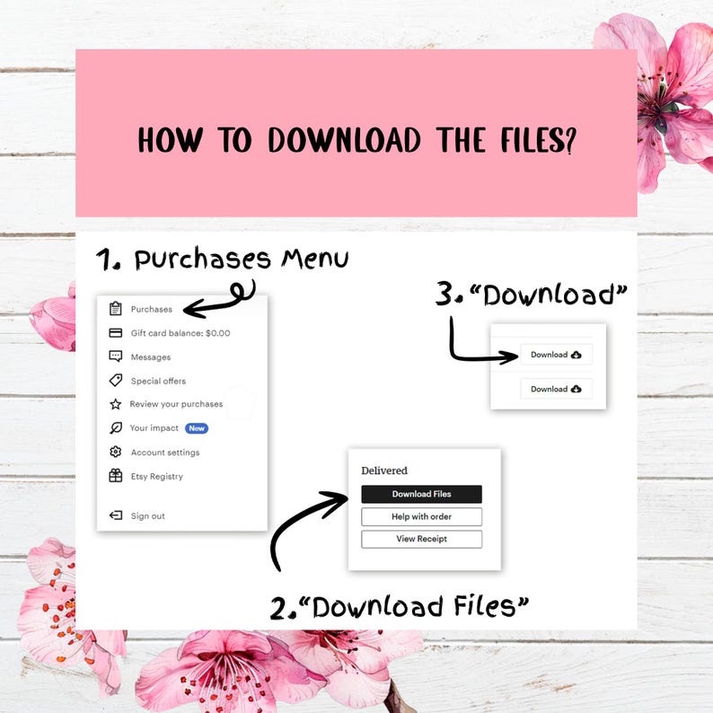 May include: A guide titled "HOW TO DOWNLOAD THE FILES?" with numbered steps. The steps include navigating the "Purchases Menu," clicking "Download Files," and selecting the "Download" button. Pink floral accents frame the text.