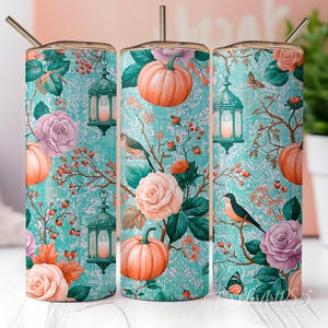 Fall Pumpkin Tumbler Wrap, 20oz Skinny Tumbler Sublimation Design, Floral Autumn Tumbler PNG, Vintage Teal Pumpkin Wrap
