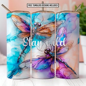 20oz Skinny Tumbler Wrap PNG, Dragonfly Sublimation Design, Stay Wild Tumbler Wrap, Blue Purple Alcohol Ink Cup Wrap