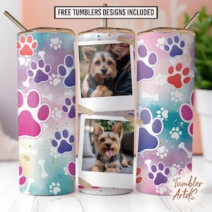 Dog photo frame 20 oz skinny tumbler sublimation design, Pet paws Dog lover 2 Pictures Tumbler Wrap Straight PNG File Digital Download