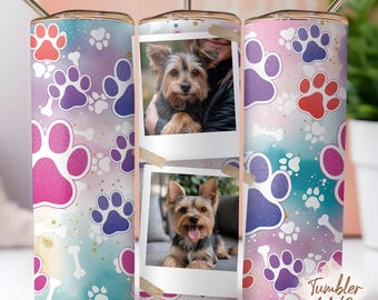 Dog photo frame 20 oz skinny tumbler sublimation design, Pet paws Dog lover 2 Pictures Tumbler Wrap Straight PNG File Digital Download