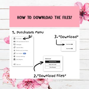Op de afbeelding: Een stapsgewijze handleiding voor het downloaden van bestanden, met de tekst "HOW TO DOWNLOAD THE FILES?" in roze. De handleiding bevat genummerde stappen met pijlen die wijzen naar de knoppen "Purchases Menu", "Download Files" en "Download".