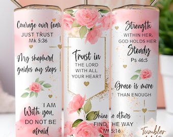 Christian Roses 20oz Tumbler Wrap, Faith Sublimation PNG met Blush Waterverf, Gouden Accenten & Bijbelvers Citaten, Direct Downloaden