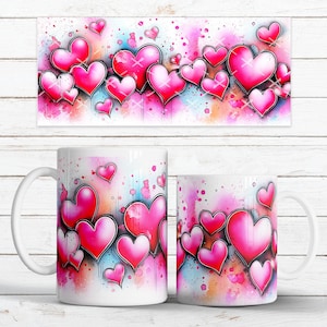 Pink Heart Mug Wrap PNG, Valentine Mug Sublimation Design 11oz 15oz, Cute Love Coffee Cup Wrap, Romantic Gift Idea