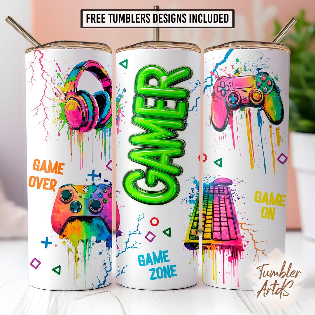 Gamer White 20 Oz Skinny Tumbler Sublimation Design, Neon Video Game ...
