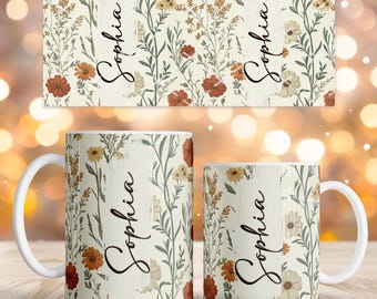 Custom name mug sublimation design, Name Gifts mug 11oz 15oz coffee cup template Wrap PNG Personalized Floral, Digital download