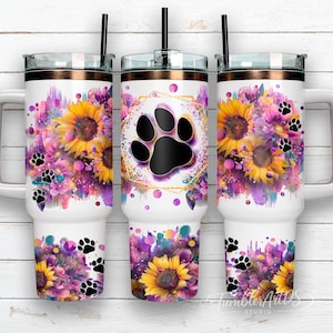 Sunflower Paw Print 40oz Tumbler Wrap PNG, Colorful Dog Mom Sublimation Design, Floral Pet Lover Tumbler with Handle